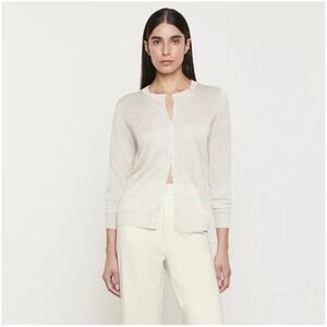 ENZA COSTA Lame Cardigan Sweater Womens Small Cream Silver Crew Quiet Luxury NEW